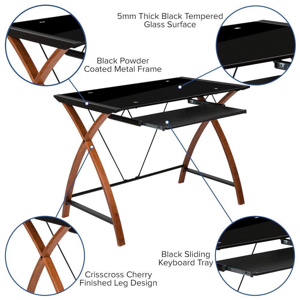 Black Glass Computer Desk with Pull-Out Keyboard Tray and Crisscross Frame. Picture 5
