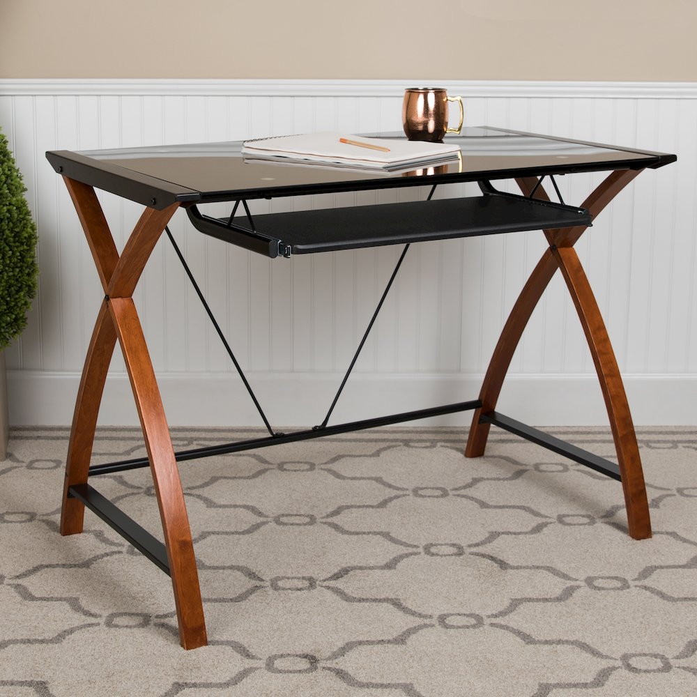 Black Glass Computer Desk with Pull-Out Keyboard Tray and Crisscross Frame. Picture 2