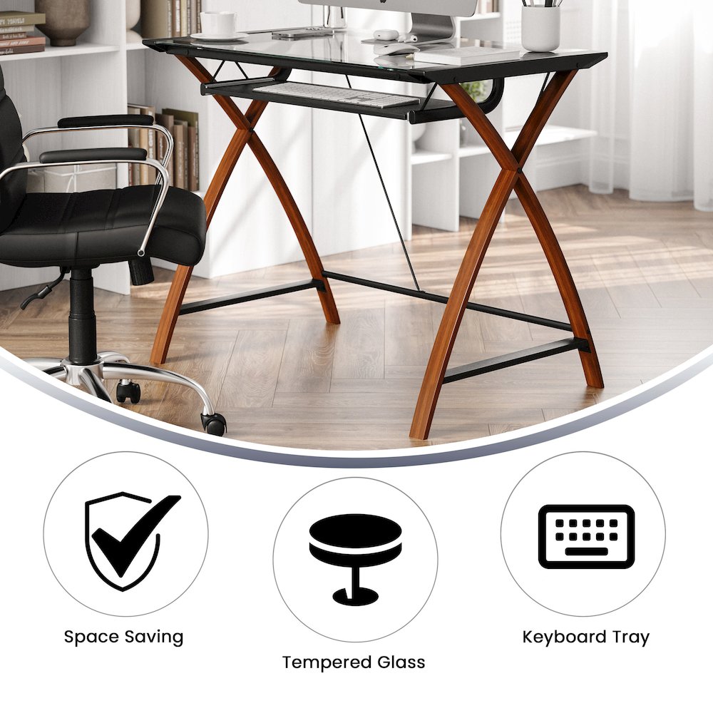 Glass Computer Desk with Pull-Out Keyboard Tray and Crisscross Frame. Picture 8