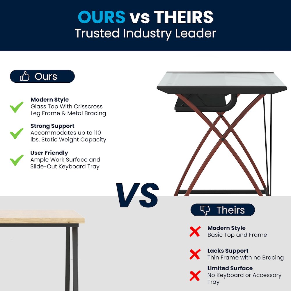 Glass Computer Desk with Pull-Out Keyboard Tray and Crisscross Frame. Picture 9