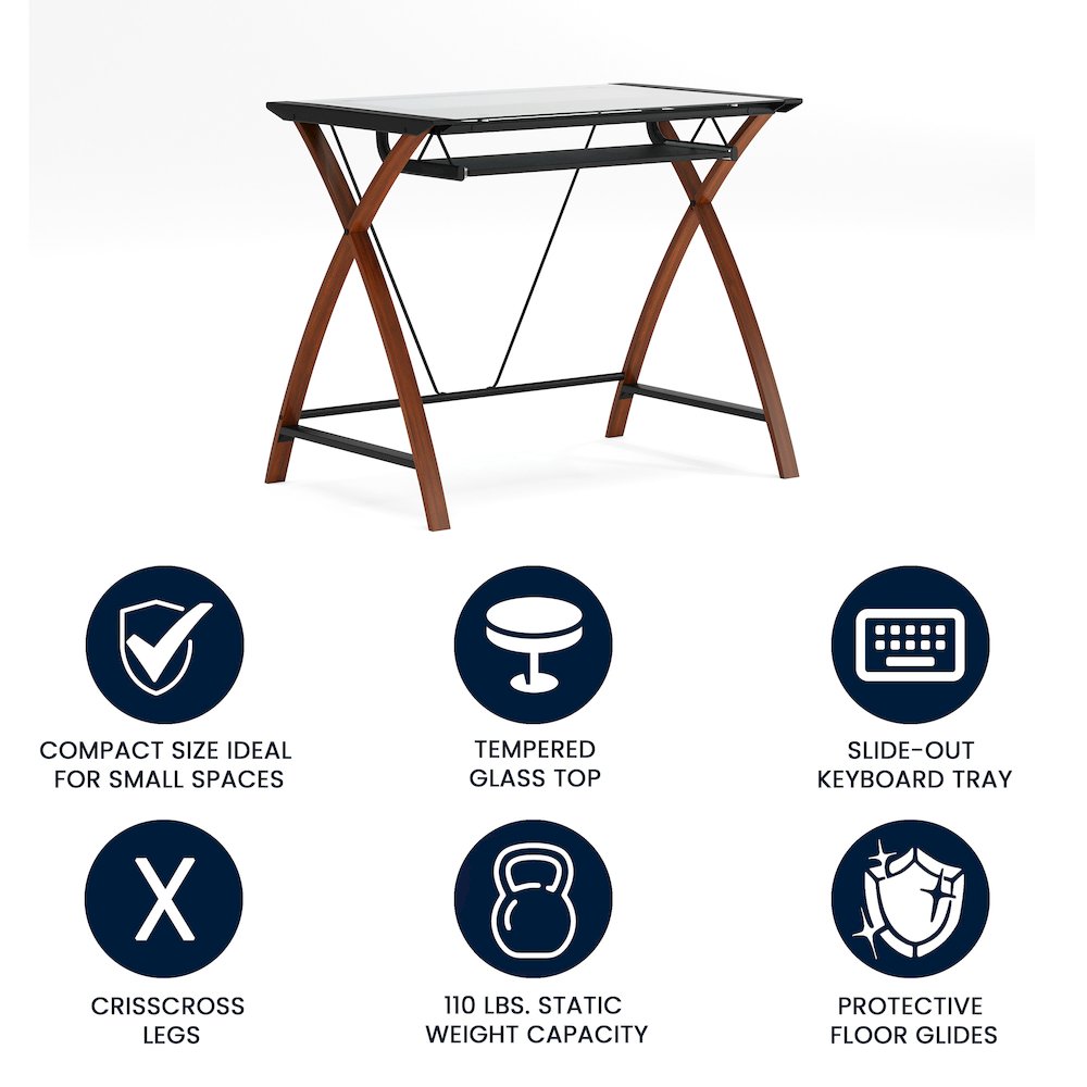 Glass Computer Desk with Pull-Out Keyboard Tray and Crisscross Frame. Picture 7