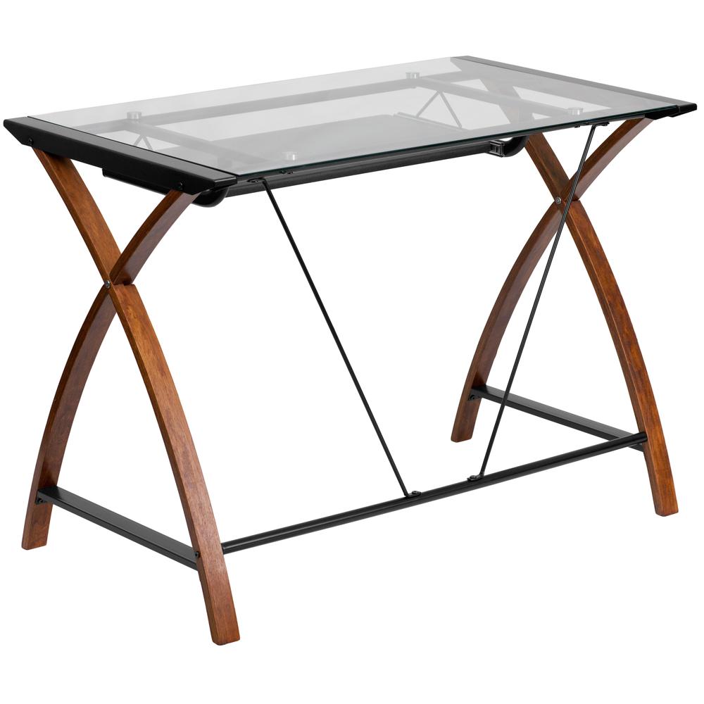 Glass Computer Desk with Pull-Out Keyboard Tray and Crisscross Frame. Picture 2