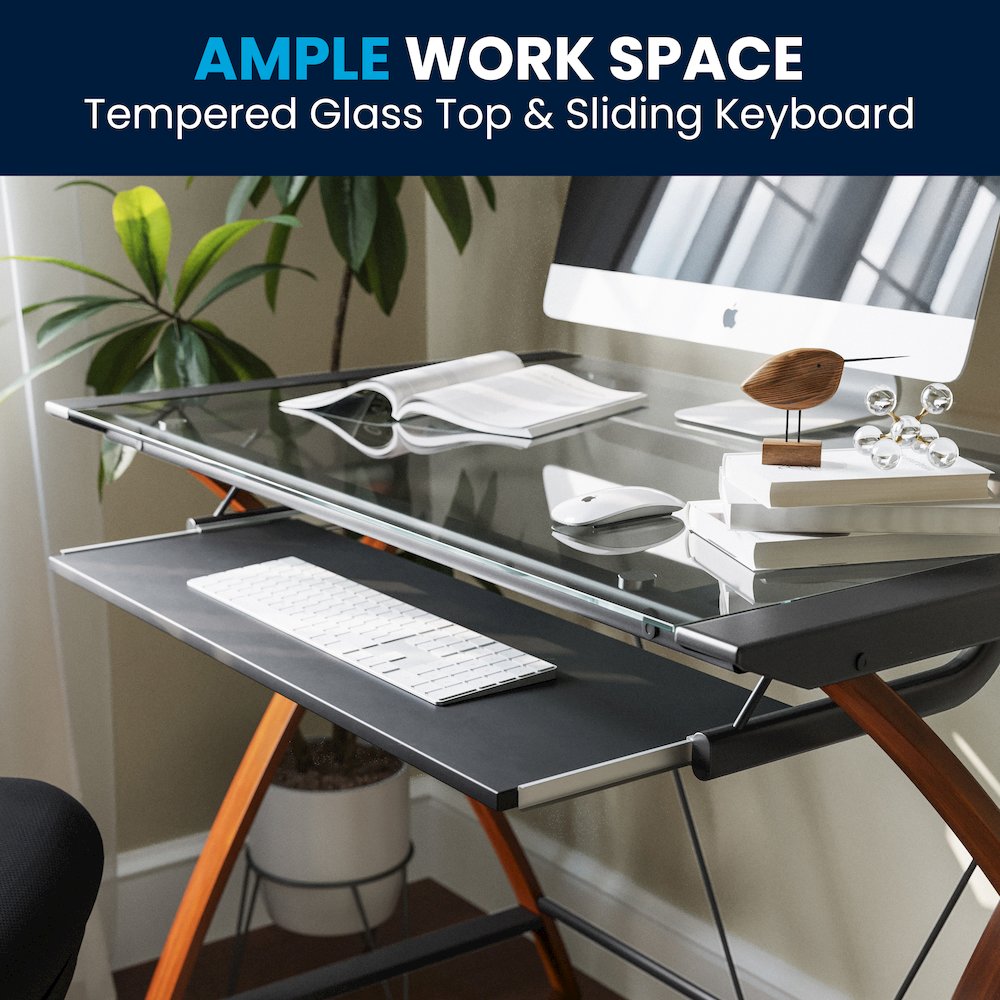 Glass Computer Desk with Pull-Out Keyboard Tray and Crisscross Frame. Picture 11