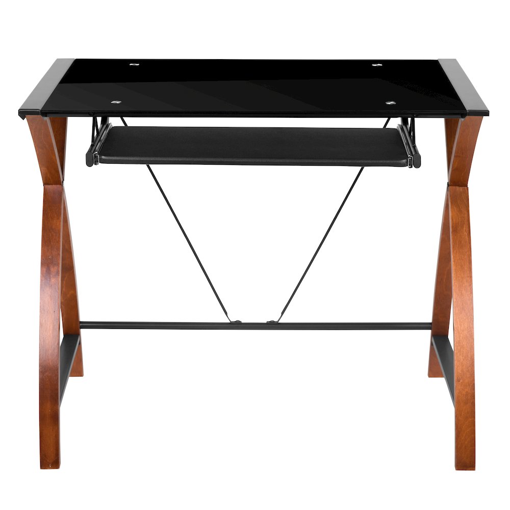 Black Glass L-Shape Corner Computer Desk with Pull-Out Keyboard Tray. Picture 8