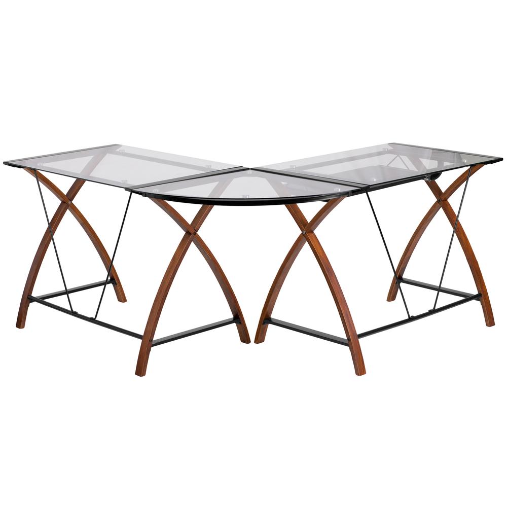 Glass L-Shape Desk with Pull-Out Keyboard Tray. Picture 1
