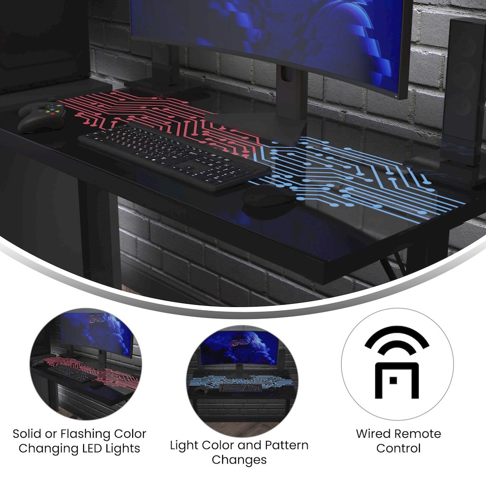 43" Gaming Desk with LED Lights, Tempered Glass Desktop, Black. Picture 4