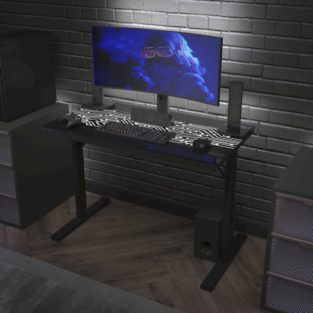 43" Gaming Desk with LED Lights, Tempered Glass Desktop, Black. Picture 2