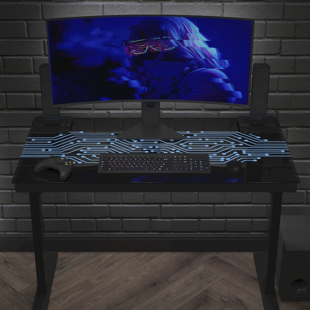 43" Gaming Desk with LED Lights, Tempered Glass Desktop, Black. Picture 7