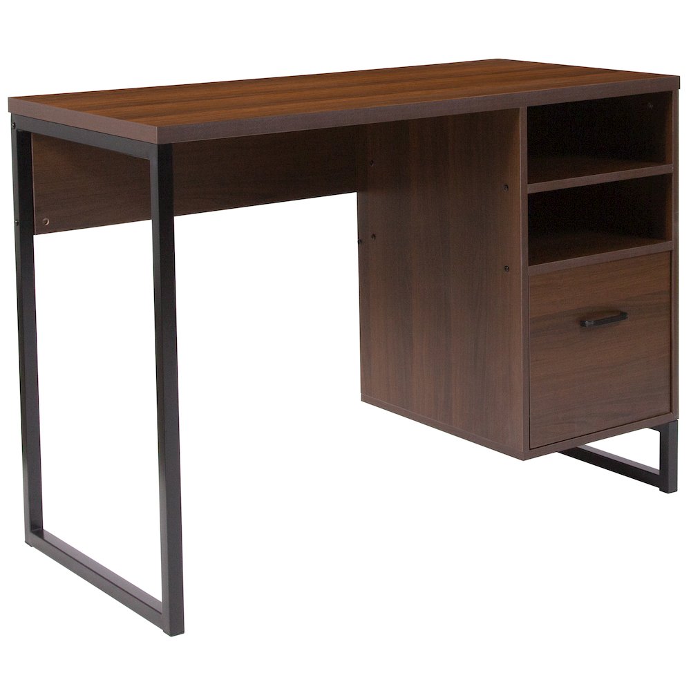 Rustic Coffee Wood Grain Finish Computer Desk with Black Metal Frame. Picture 1