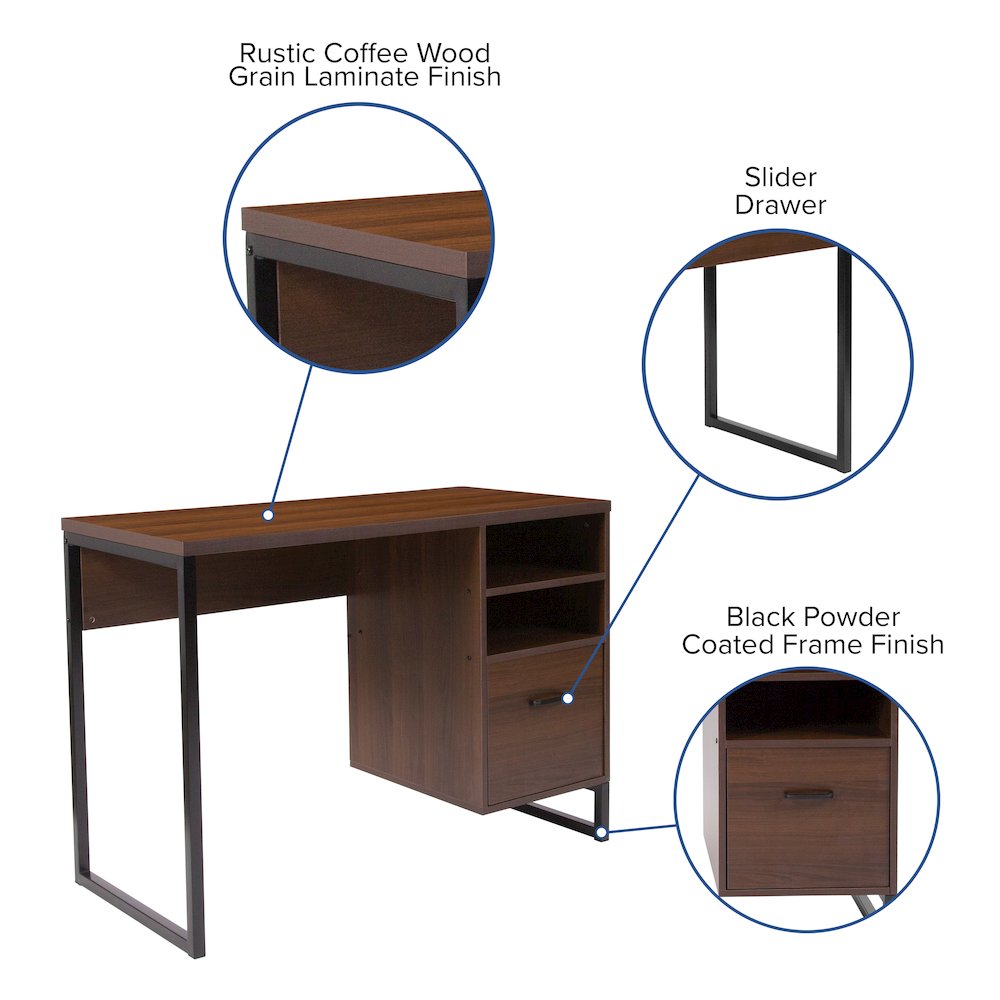 Rustic Coffee Wood Grain Finish Computer Desk with Black Metal Frame. Picture 8