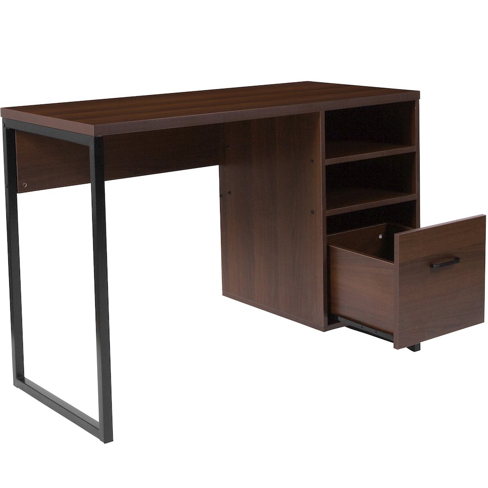Rustic Coffee Wood Grain Finish Computer Desk with Black Metal Frame. Picture 11