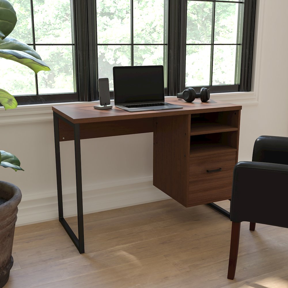 Rustic Coffee Wood Grain Finish Computer Desk with Black Metal Frame. Picture 2