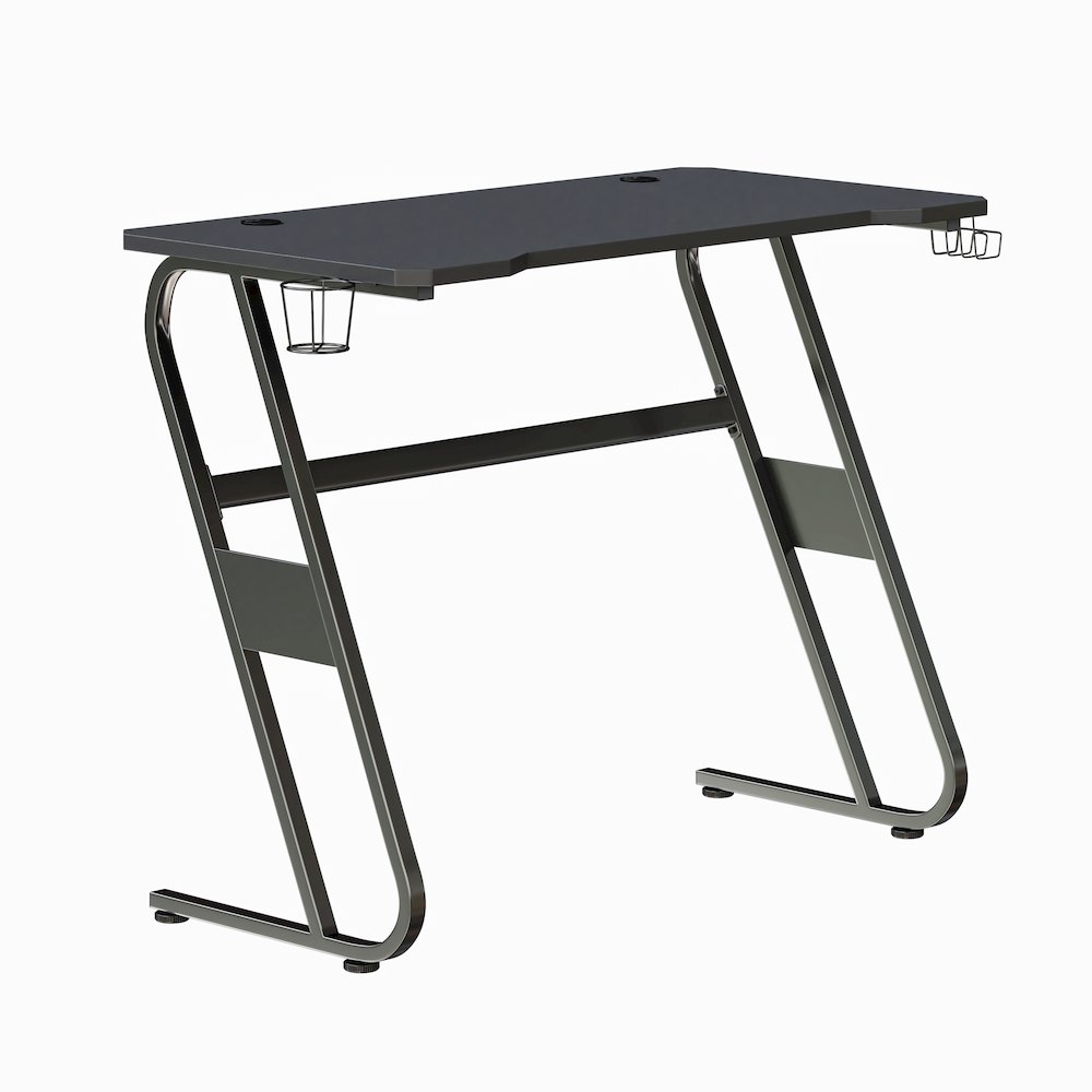 Black Gaming Ergonomic Desk with Cup Holder and Headphone Hook. Picture 1