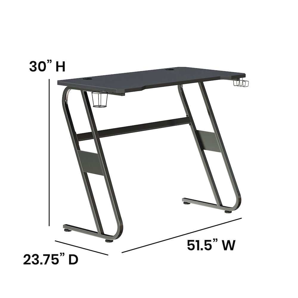 Black Gaming Ergonomic Desk with Cup Holder and Headphone Hook. Picture 5