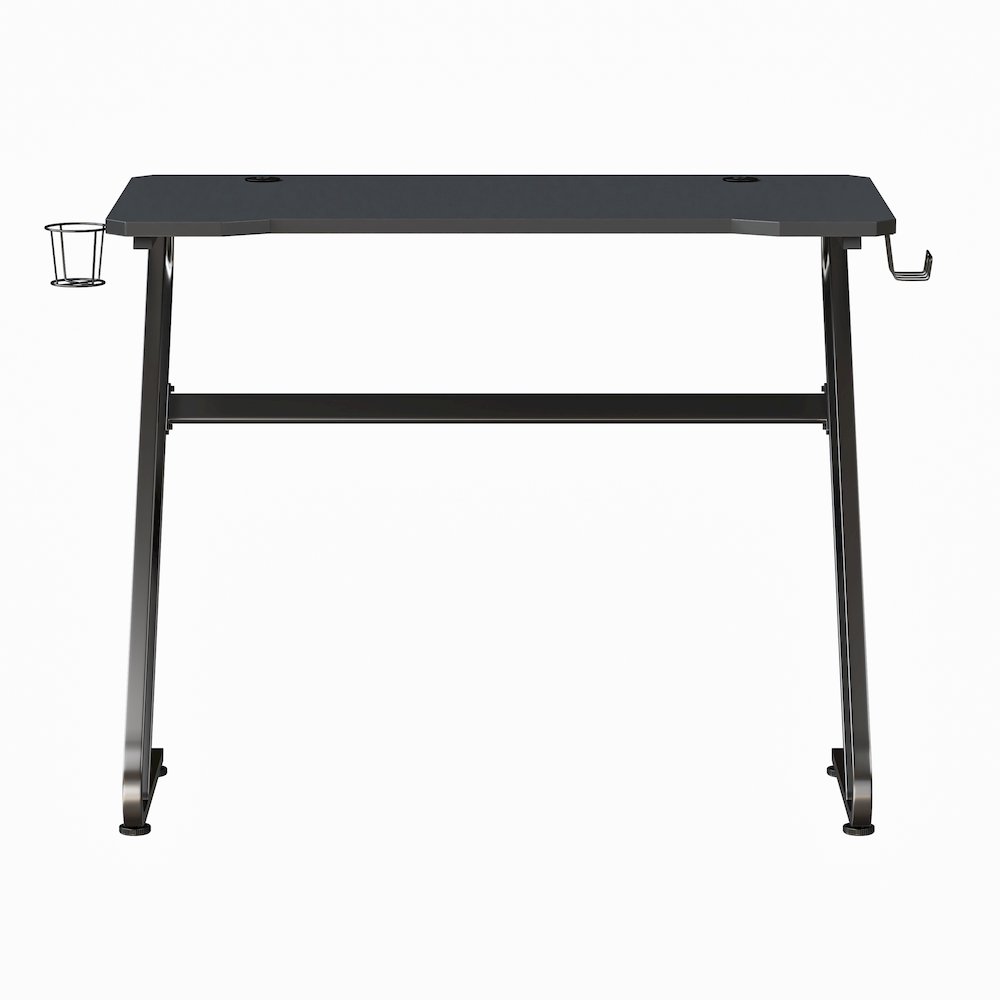 Black Gaming Ergonomic Desk with Cup Holder and Headphone Hook. Picture 11