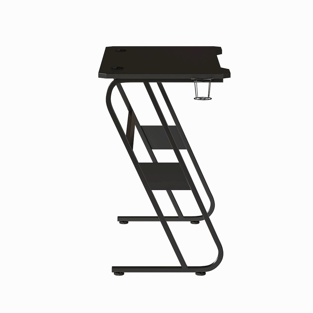 Black Gaming Ergonomic Desk with Cup Holder and Headphone Hook. Picture 9