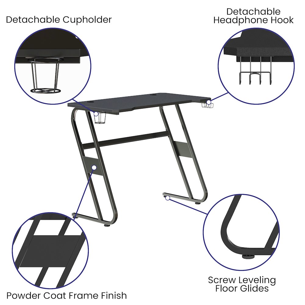 Black Gaming Ergonomic Desk with Cup Holder and Headphone Hook. Picture 4