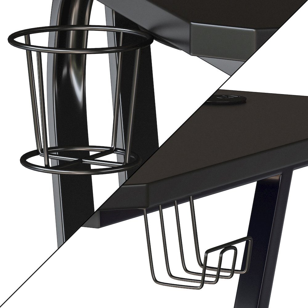 Black Gaming Ergonomic Desk with Cup Holder and Headphone Hook. Picture 8