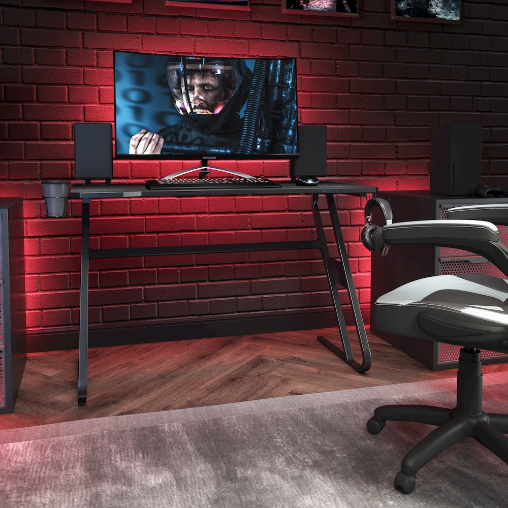 Black Gaming Ergonomic Desk with Cup Holder and Headphone Hook. Picture 2