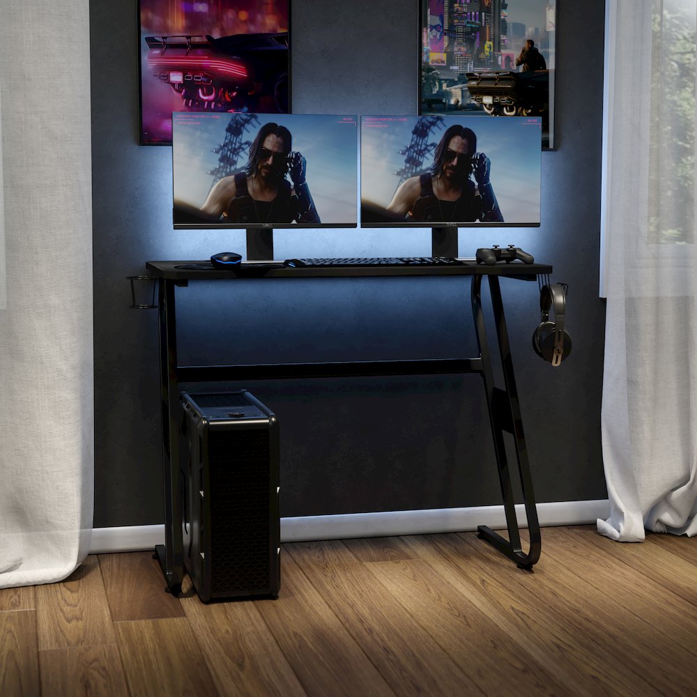 Black Gaming Ergonomic Desk with Cup Holder and Headphone Hook. Picture 6