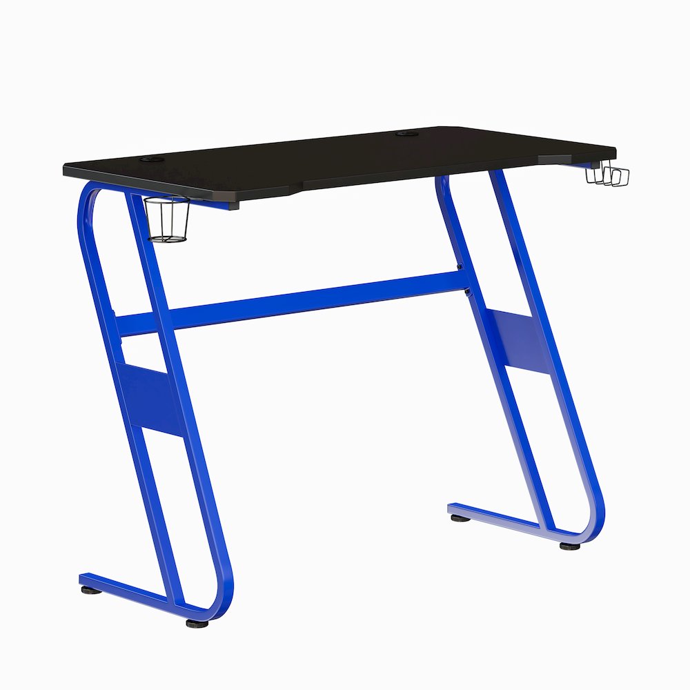 Blue Gaming Ergonomic Desk with Cup Holder and Headphone Hook. Picture 1