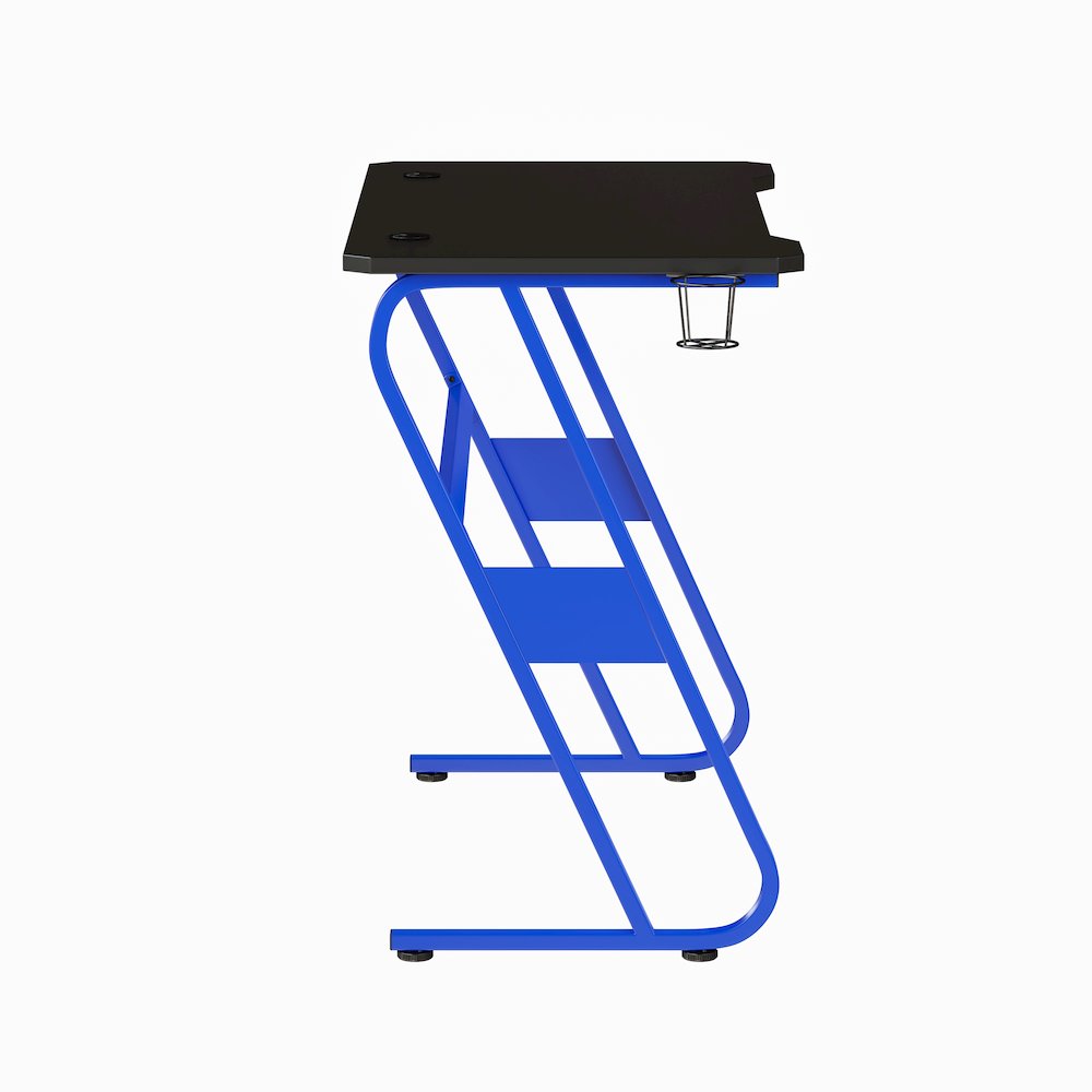 Blue Gaming Ergonomic Desk with Cup Holder and Headphone Hook. Picture 8