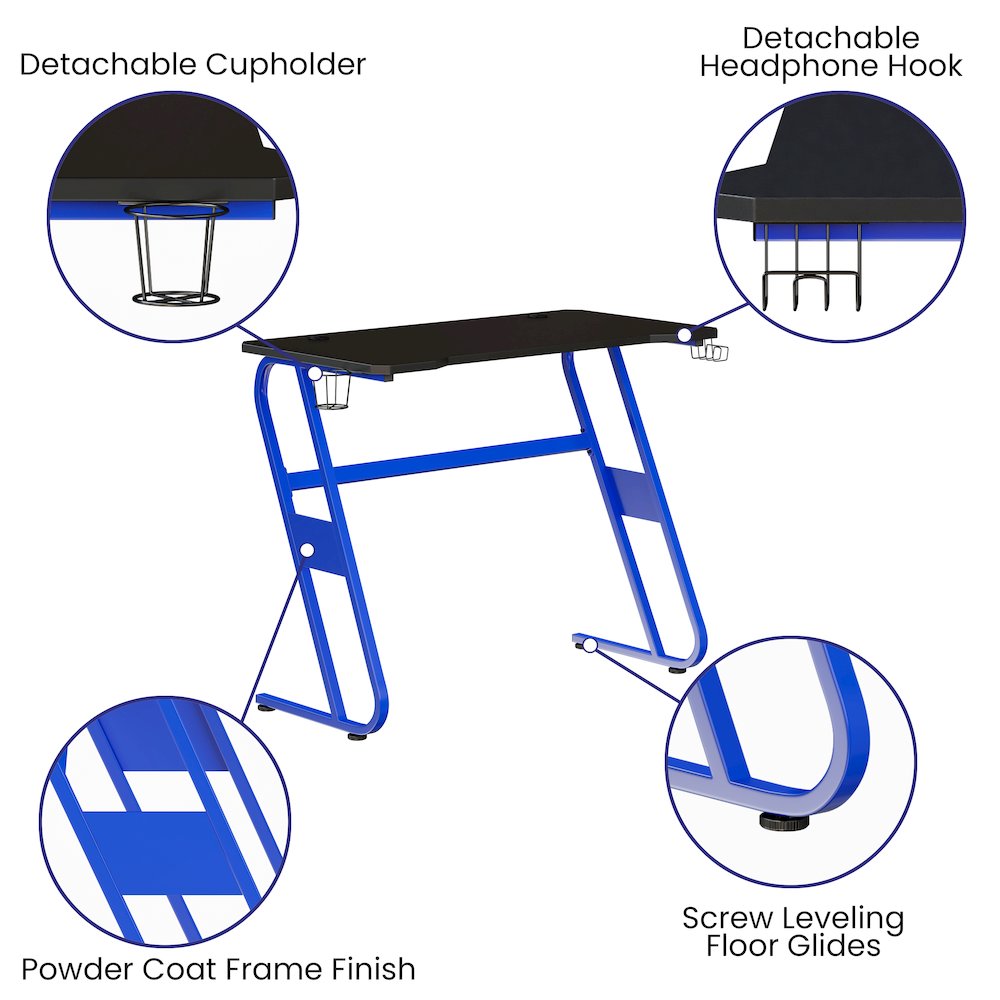 Blue Gaming Ergonomic Desk with Cup Holder and Headphone Hook. Picture 4