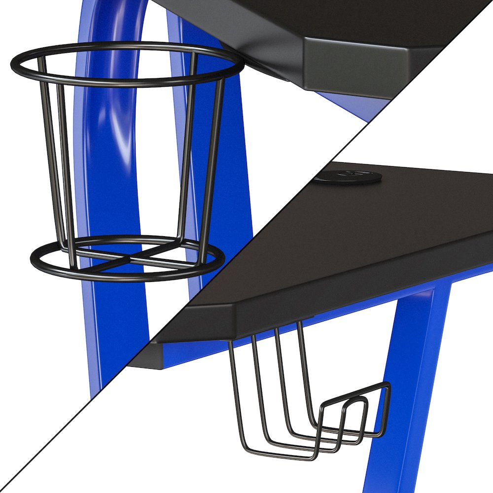 Blue Gaming Ergonomic Desk with Cup Holder and Headphone Hook. Picture 7