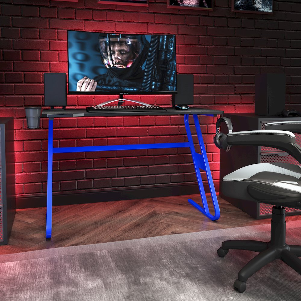 Blue Gaming Ergonomic Desk with Cup Holder and Headphone Hook. Picture 2