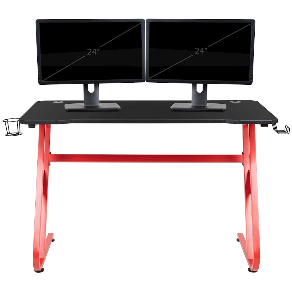 Red Gaming Ergonomic Desk with Cup Holder and Headphone Hook. Picture 7