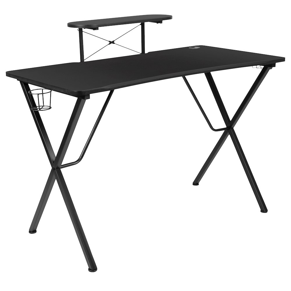 Black Gaming Desk with Cup Holder, Headphone Hook, and Monitor/Smartphone Stand. Picture 1