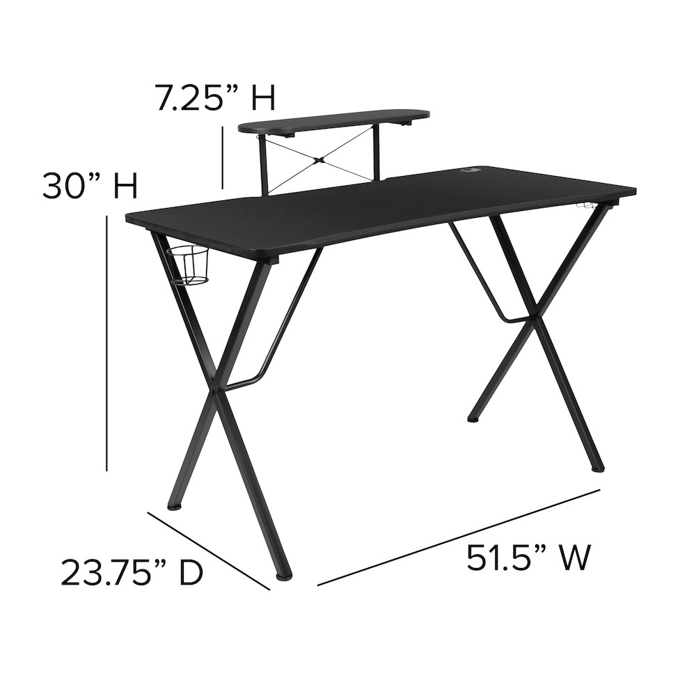 Black Gaming Desk with Cup Holder, Headphone Hook, and Monitor/Smartphone Stand. Picture 2