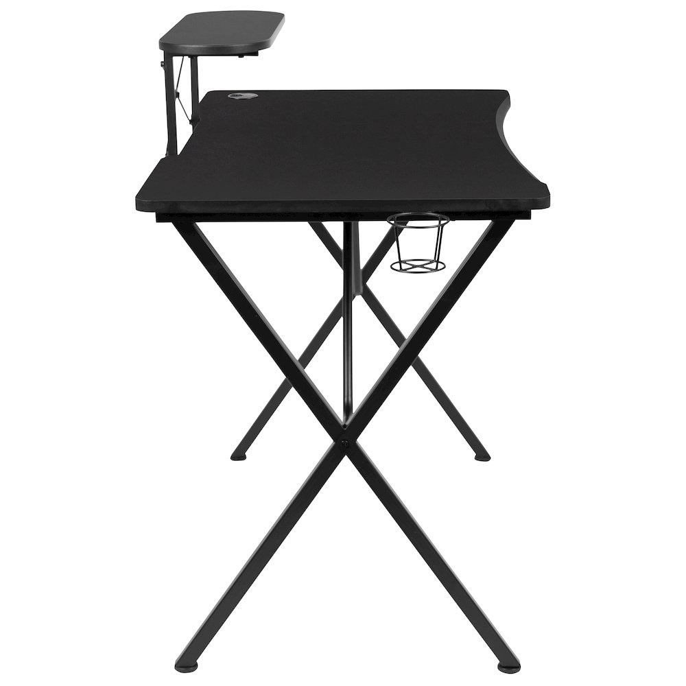 Black Gaming Desk with Cup Holder, Headphone Hook, and Monitor/Smartphone Stand. Picture 3