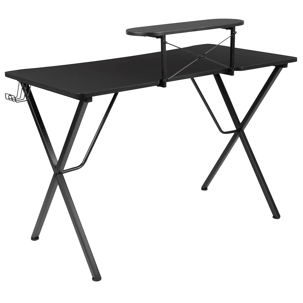 Black Gaming Desk with Cup Holder, Headphone Hook, and Monitor/Smartphone Stand. Picture 4