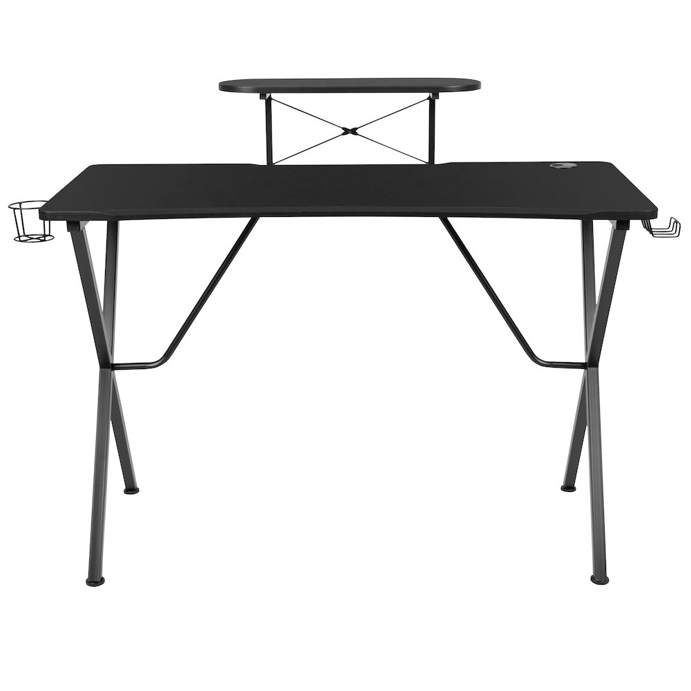 Black Gaming Desk with Cup Holder, Headphone Hook, and Monitor/Smartphone Stand. Picture 5