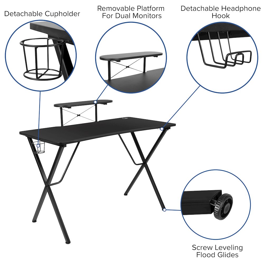 Black Gaming Desk with Cup Holder, Headphone Hook, and Monitor/Smartphone Stand. Picture 6