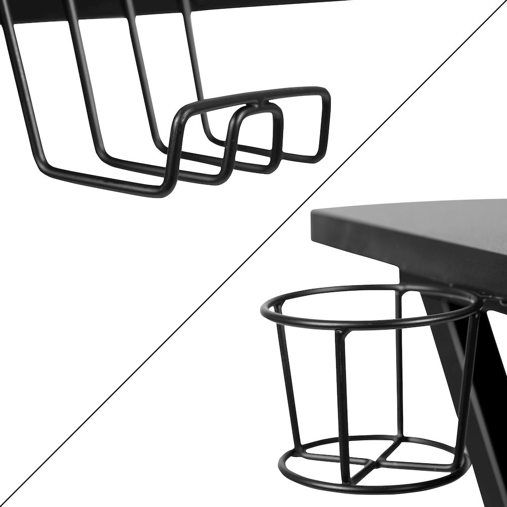 Black Gaming Desk with Cup Holder, Headphone Hook, and Monitor/Smartphone Stand. Picture 8