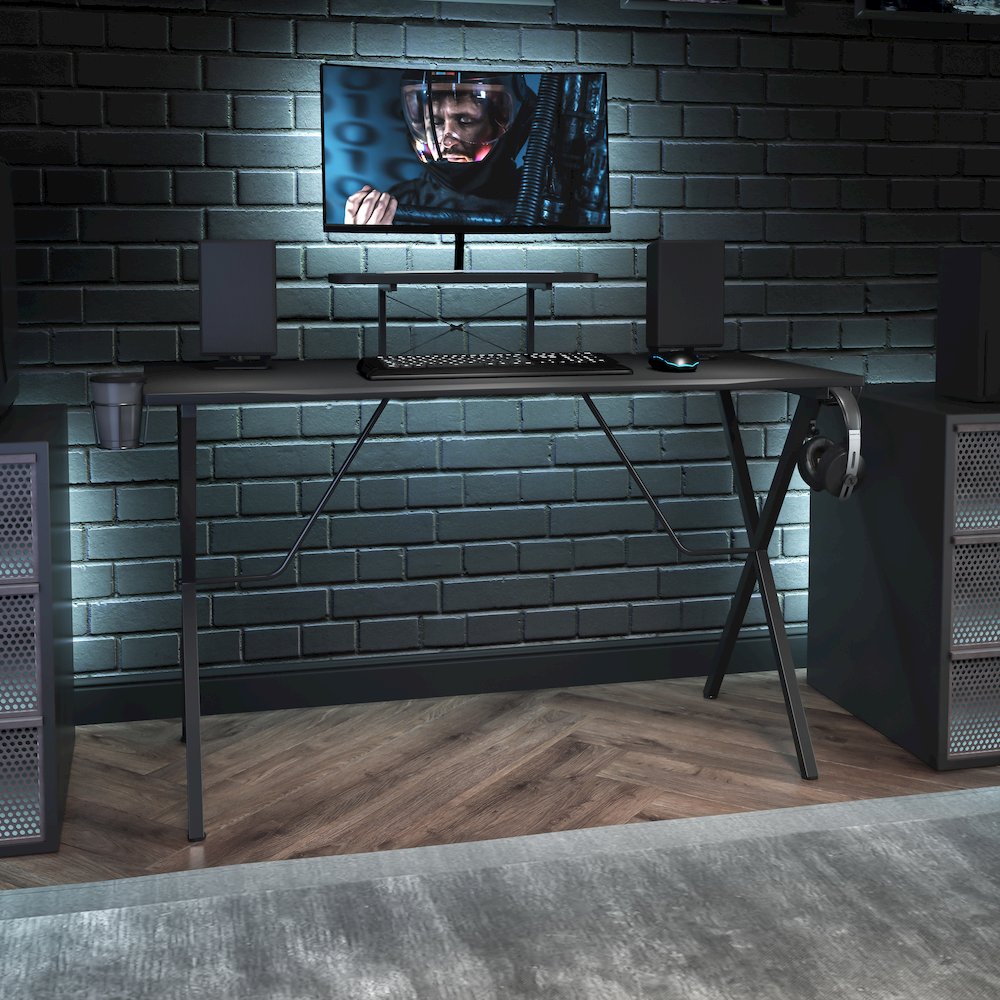 Black Gaming Desk with Cup Holder, Headphone Hook, and Monitor/Smartphone Stand. Picture 11