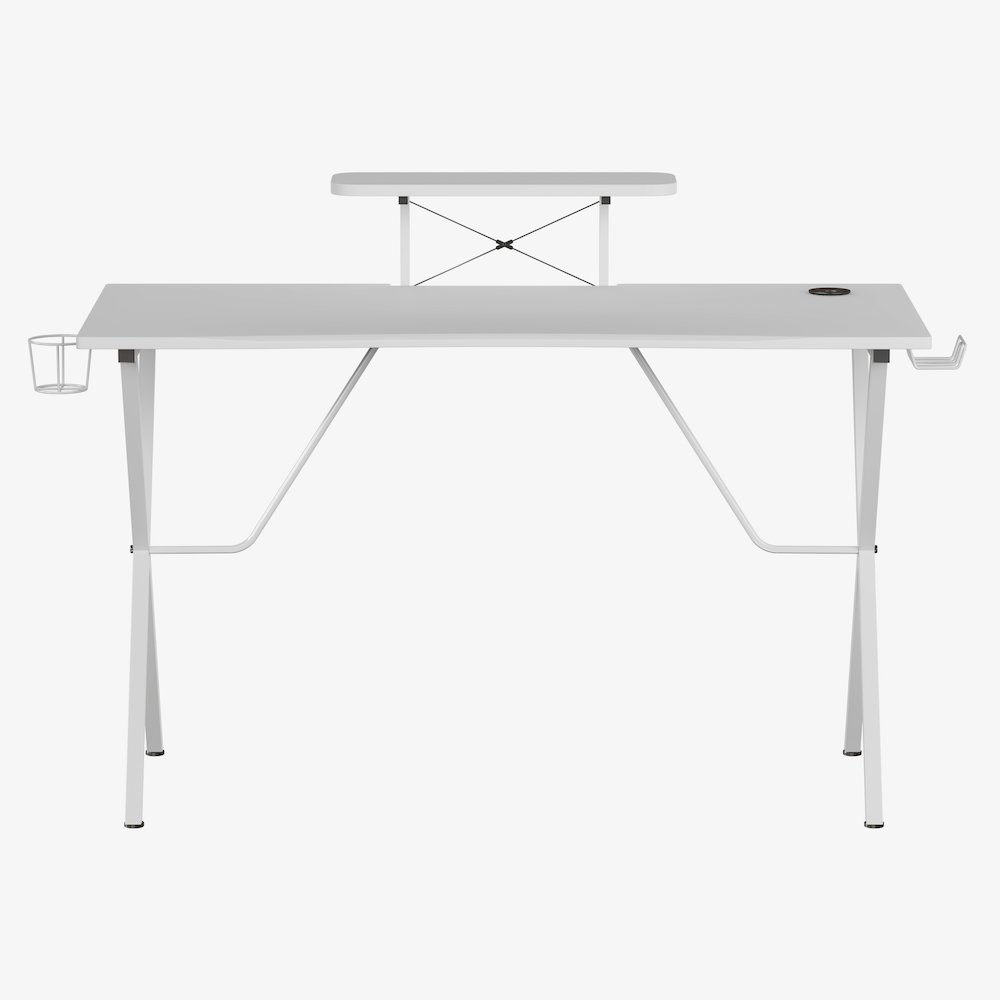 White Gaming Desk with Cup Holder, Headphone Hook, and Monitor/Smartphone Stand. Picture 10