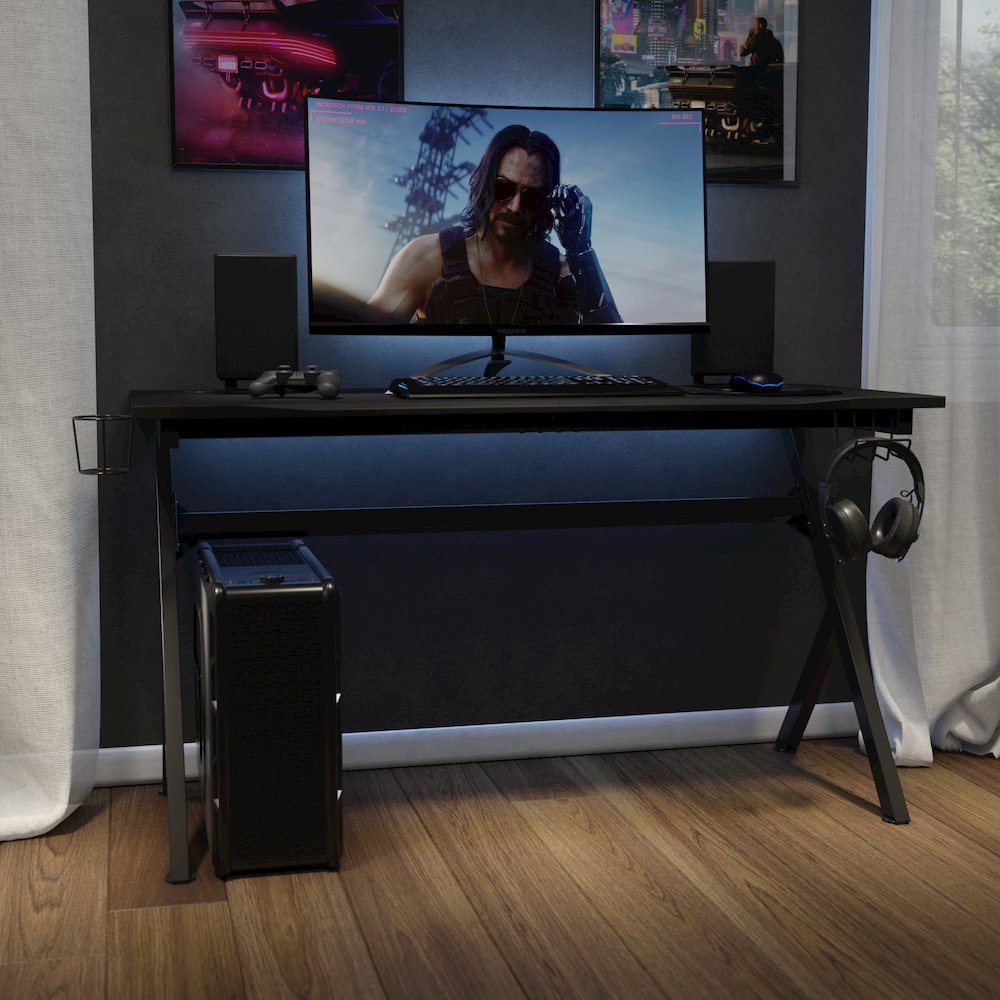55" x 24" Extra Large Gaming Desk with Headphone Hook and Cup Holder. Picture 2