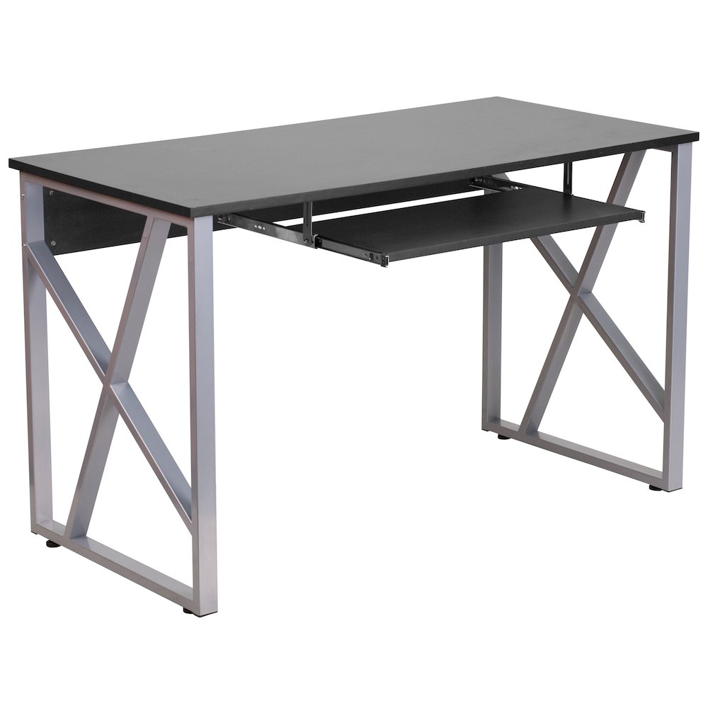 Black Computer Desk with Pull-Out Keyboard Tray and Cross-Brace Frame. Picture 1