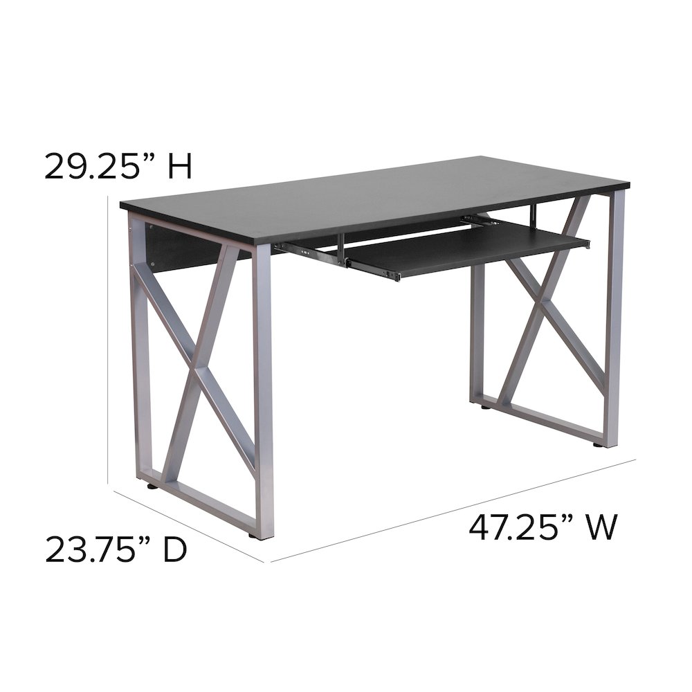 Black Computer Desk with Pull-Out Keyboard Tray and Cross-Brace Frame. Picture 5