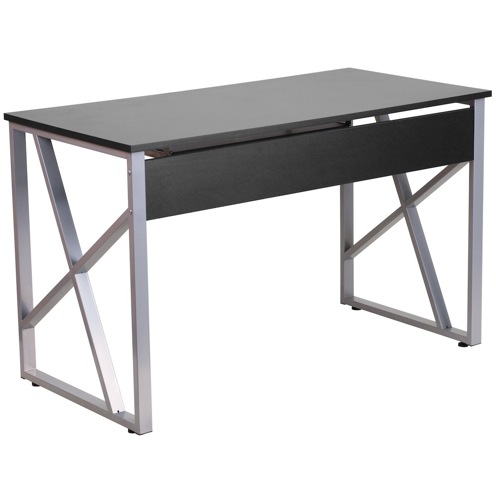 Black Computer Desk with Pull-Out Keyboard Tray and Cross-Brace Frame. Picture 8