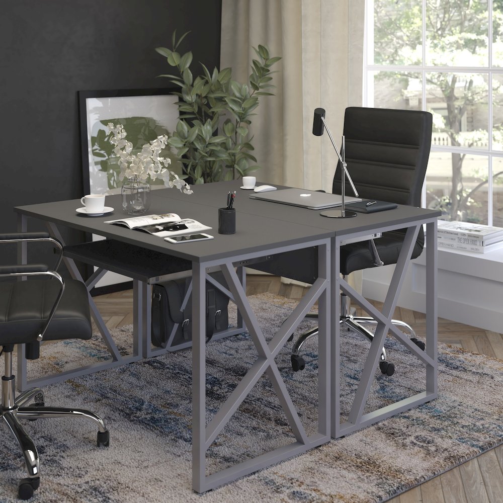 Black Computer Desk with Pull-Out Keyboard Tray and Cross-Brace Frame. Picture 6