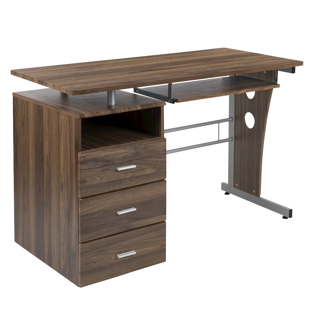 Rustic Walnut Desk with Three Drawer Pedestal and Pull-Out Keyboard Tray. Picture 1