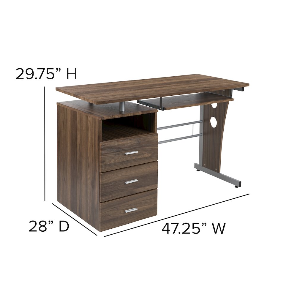 Rustic Walnut Desk with Three Drawer Pedestal and Pull-Out Keyboard Tray. Picture 6