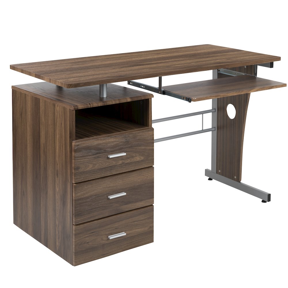 Rustic Walnut Desk with Three Drawer Pedestal and Pull-Out Keyboard Tray. Picture 9