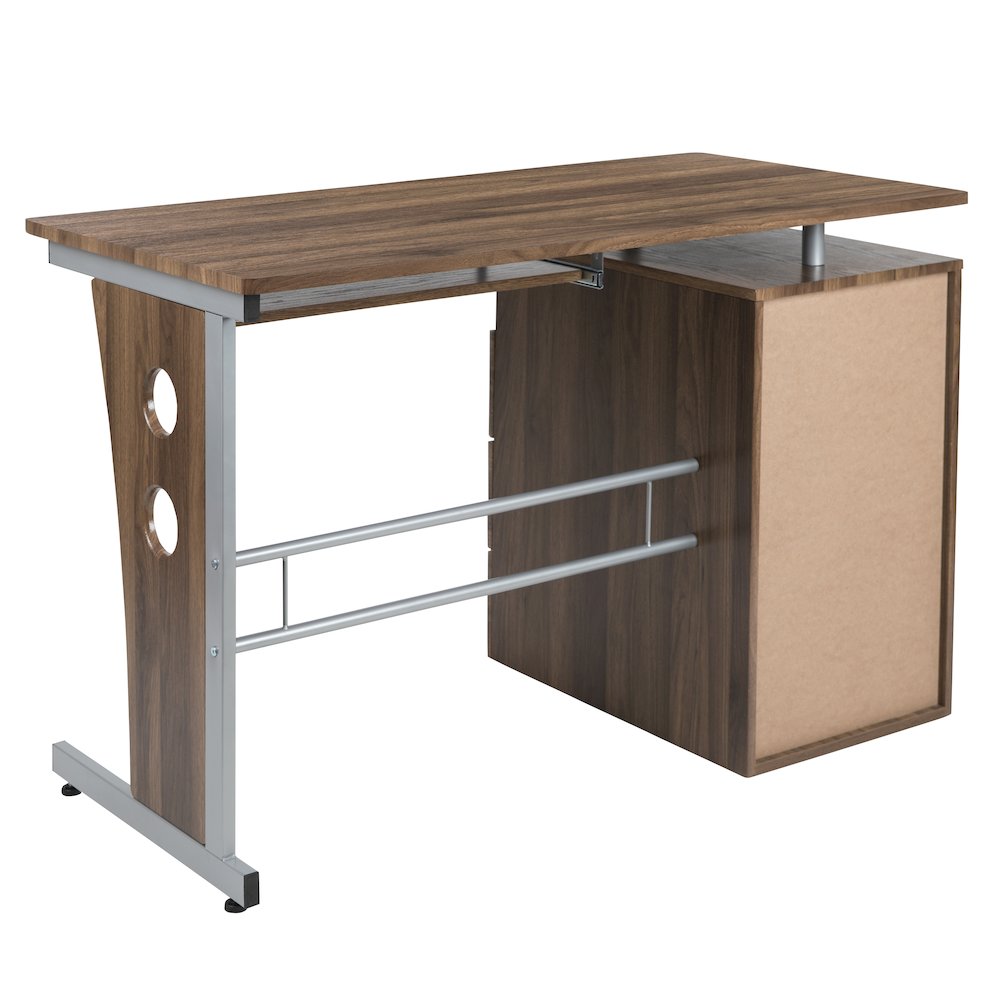 Rustic Walnut Desk with Three Drawer Pedestal and Pull-Out Keyboard Tray. Picture 7