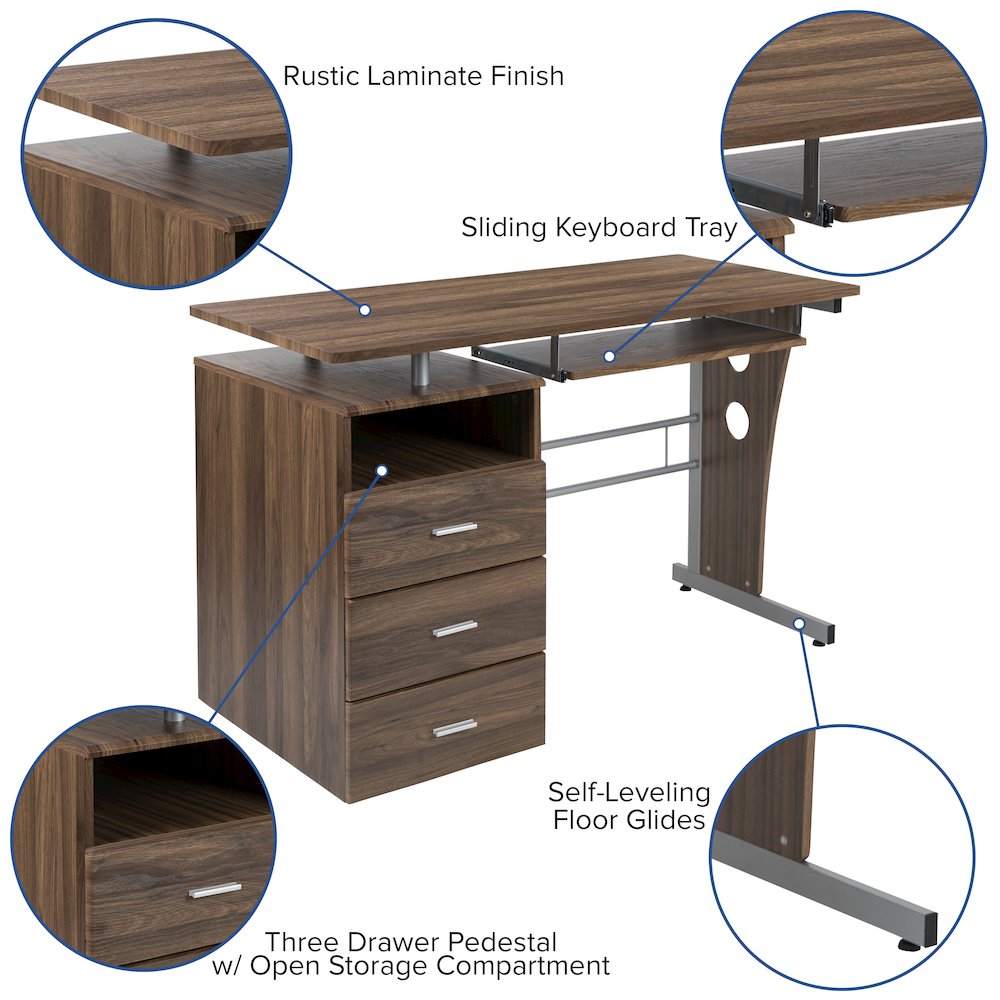 Rustic Walnut Desk with Three Drawer Pedestal and Pull-Out Keyboard Tray. Picture 5