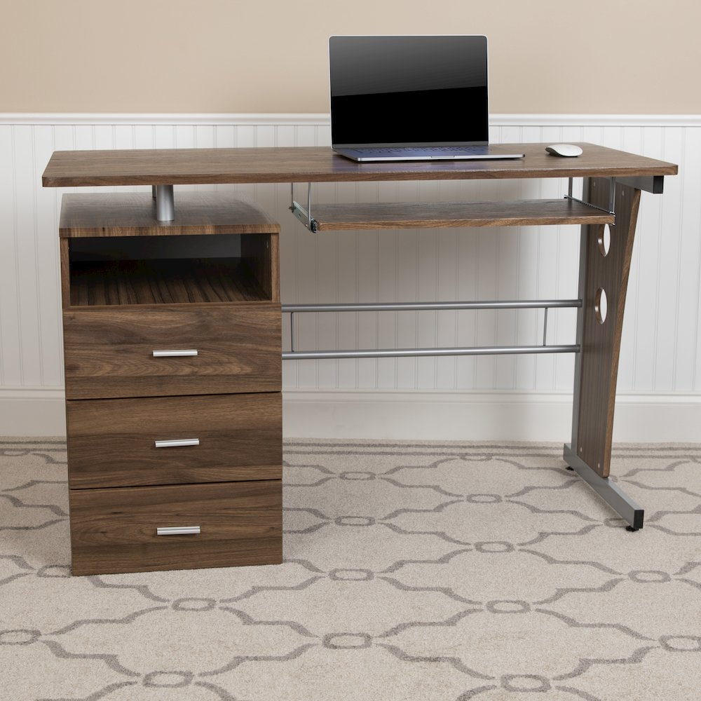 Rustic Walnut Desk with Three Drawer Pedestal and Pull-Out Keyboard Tray. Picture 2